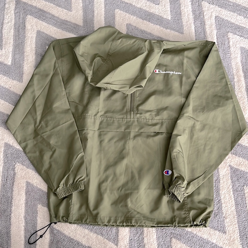 Boy’s Champion Half-Zip Navy Green Rain Jacket w/ Pocket Adjustable Hood Medium